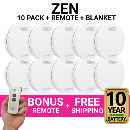 ZEN Photoelectric Interconnected Smoke Alarms - 10 Pack with Free Remote & 10 Year Battery